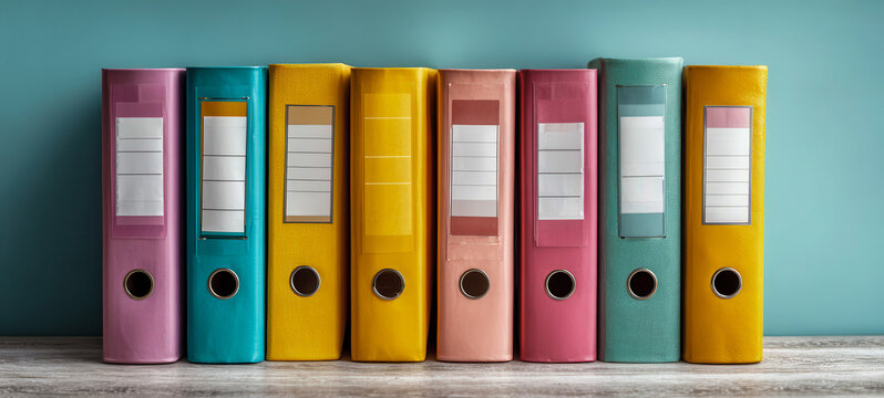 Colorful binders are arranged on a wooden shelf against a blue wall in a well-lit room