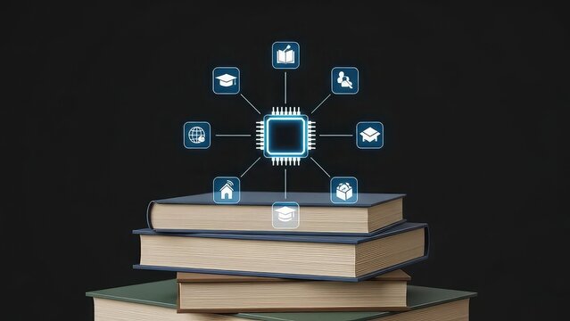 E learning concept with books and digital icons on black background