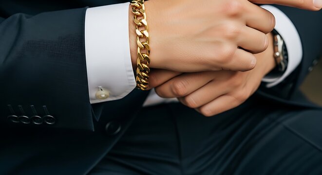 Businessman wearing a luxury gold chain bracelet on his wrist in a formal dark suit