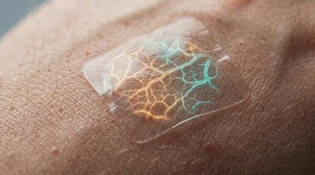 Realistic macro photograph of a transparent smart electronic patch with glowing vein-like circuits on human skin, representing flexible electronics and health tech