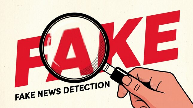 Hand holding magnifying glass over FAKE text