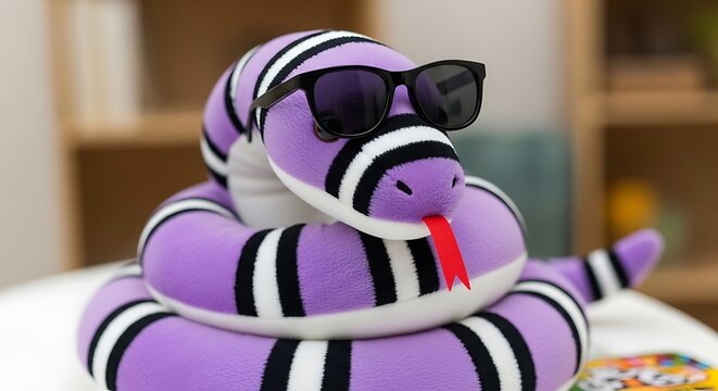 Cute purple snake toy wearing black sunglasses sitting on a table in a bright room