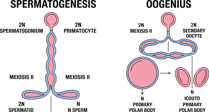 Spermatogenesis and oogenesis cell division diagram vector showing gametogenesis meiosis stages of human sperm and egg development