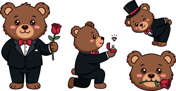 Romantic Teddy Bear Groom Character Vector Set Featuring Bear in Tuxedo Proposing with Diamond Ring Holding Rose and Bowing Elements for Wedding Graphics