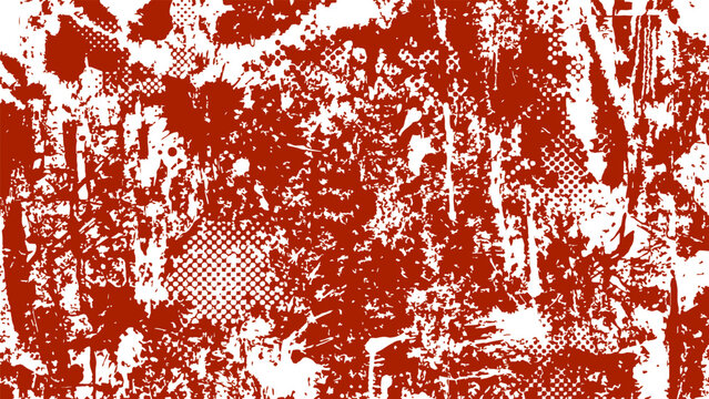 Abstract red ink splatter vector background with grunge dot halftone pattern vector illustration.