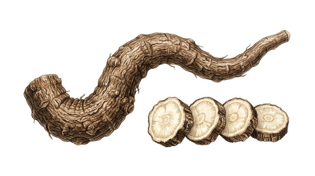 Fresh burdock root with sliced pieces, organic gobo vegetable for healthy cooking, raw edible root with brown textured skin and white interior isolated PNG with Transparent Background