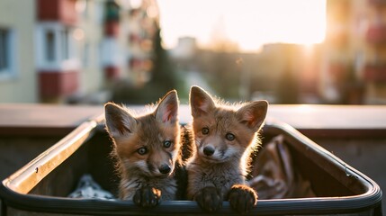 Obraz premium Two curious fox cubs emerging from a garbage container, adapting to urban survival in a residential area