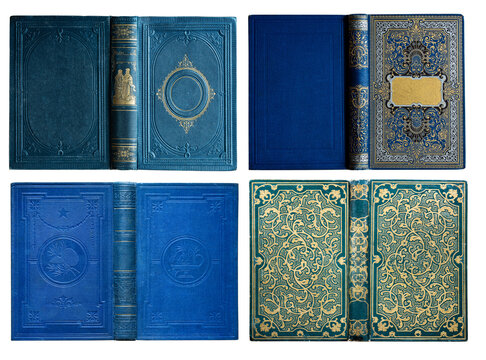 Old cover book collection isolated on white. Antique hardcover book with an ornate decorative binding made of cloth and illustrated cardboard; featuring rich gold embossing. 