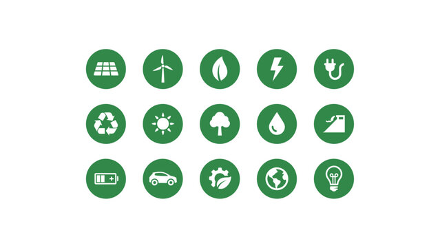 Environmental sustainability icons in green circles showing electric vehicle and clean power.