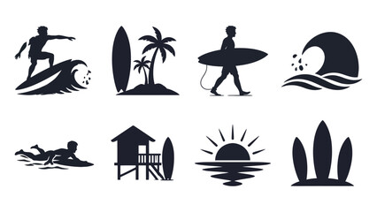 Obraz premium Surfing silhouettes with palm trees