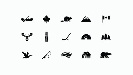 Obraz premium Canada national symbols, animals and nature black glyph icons set on white background.