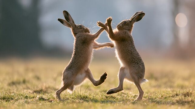 Wild hares standing on hind legs, grappling in a natural outdoor setting