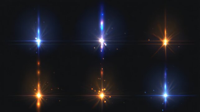 Abstract light effects collection of blazing starbursts on dark background