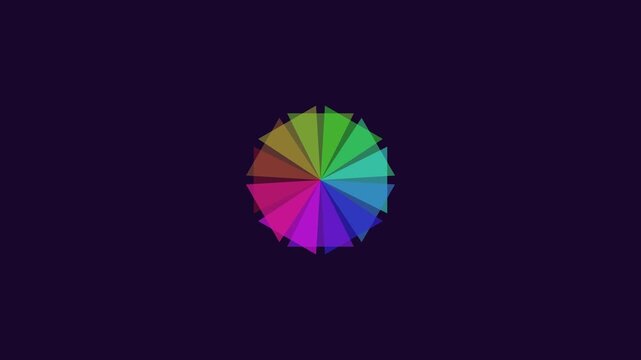 Colorful geometric loading spinner animation, rotating rainbow triangle radial pattern on dark background