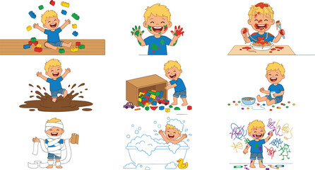 Fototapeta premium Messy Little Boy Daily Routine Vector Character Set with Toddler Throwing Blocks, Finger Painting, Eating Spaghetti, Jumping in Mud, and Playing with Toilet Paper