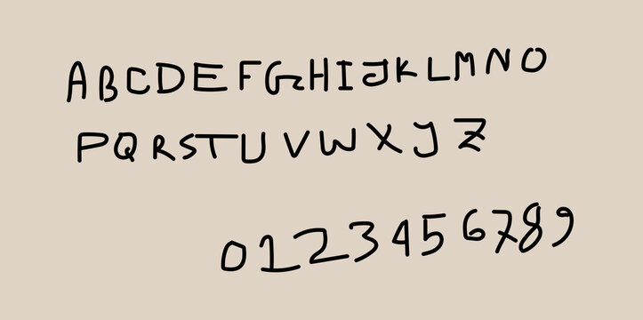 Handwritten alphabet and numbers on beige background