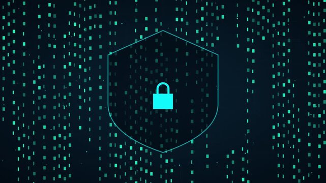Digital cybersecurity shield with abstract data matrix background, data protection digital, security encryption