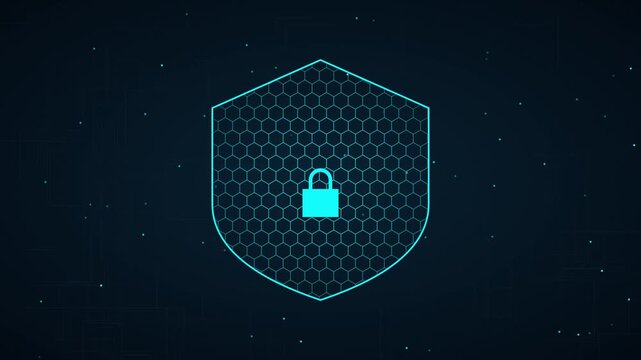 Digital cybersecurity shield with hexagon network pattern and padlock animation for data protection and privacy concepts
