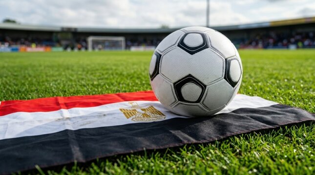 Soccer ball on egyptian flag in a stadium