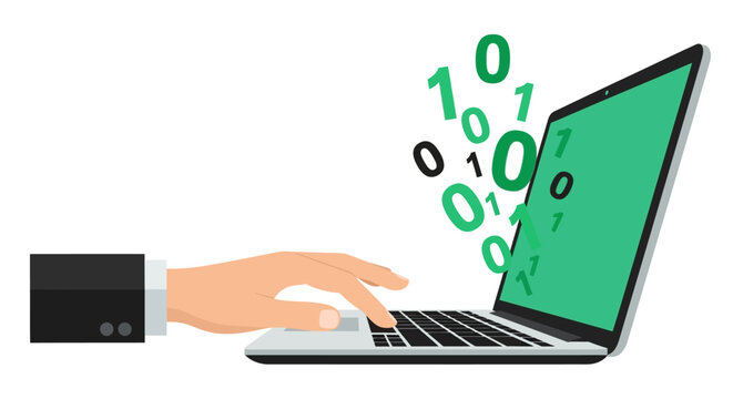 Software Developer Hand Typing on Laptop with Binary Code Stream, Concept of Coding, Programming, and Digital Transformation