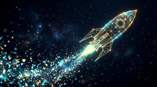 Futuristic Digital Rocket Launching Into Space With Glowing Wireframe Geometry And Particle Effects