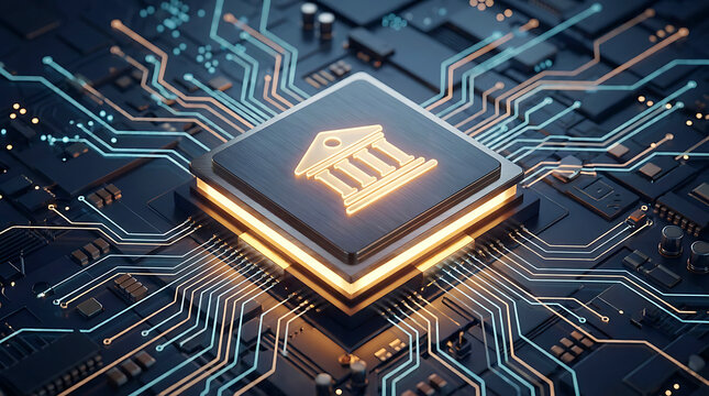 Digital Banking Technology Concept Central Processing Unit With Glowing Bank Building Icon On Microchip
