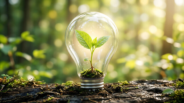 Green Plant Growing Inside Light Bulb Concept For Sustainable Energy And Environmental Conservation