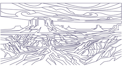 Fototapeta premium Minimalist linear art style landscape drawing of monumental desert canyon.