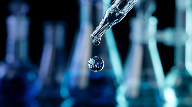 Macro Close Up Of Liquid Droplet Falling From Glass Pipette In Laboratory