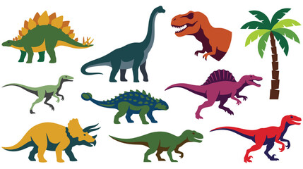 Set of colorful dinosaur characters and tropical tree for children design. © SABIKUNNAHAR