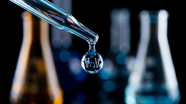 Scientific Laboratory Research Liquid Droplet Falling From Glass Pipette Into Chemical Solution
