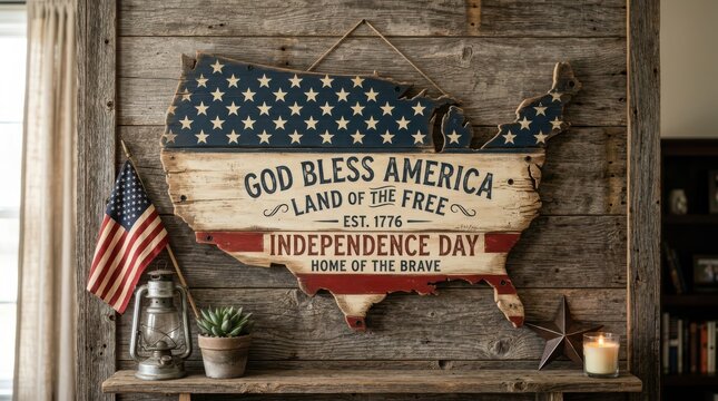 Patriotic independence day decoration with American flag and candles in a window display
