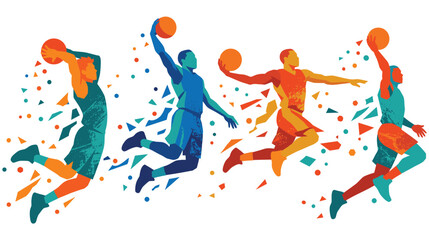 Dynamic basketball players jumping for slam dunks with colorful fragments. © SABIKUNNAHAR