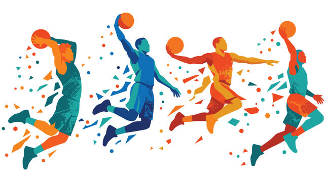Dynamic basketball players jumping for slam dunks with colorful fragments.