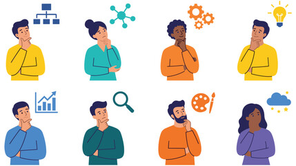Fototapeta premium People thinking with various thought icons above their heads.