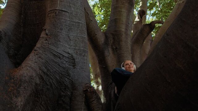 Girl wearing headphones sits on a thick branch of a large tree surrounded by green leaves, enjoying the music, sun and nature.