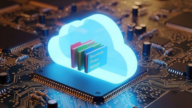 Cloud storage icon on computer circuit board with file folders