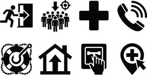 Fototapeta premium Emergency evacuation and safety rescue black solid vector icons set isolated on white background
