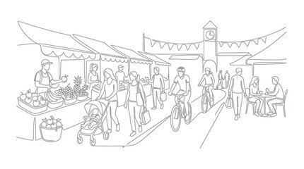 Obraz premium Farmers Market Scene Sketch - People Shopping, Cycling, and Dining Outdoors