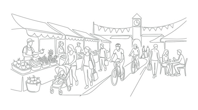 Farmers Market Scene Sketch - People Shopping, Cycling, and Dining Outdoors