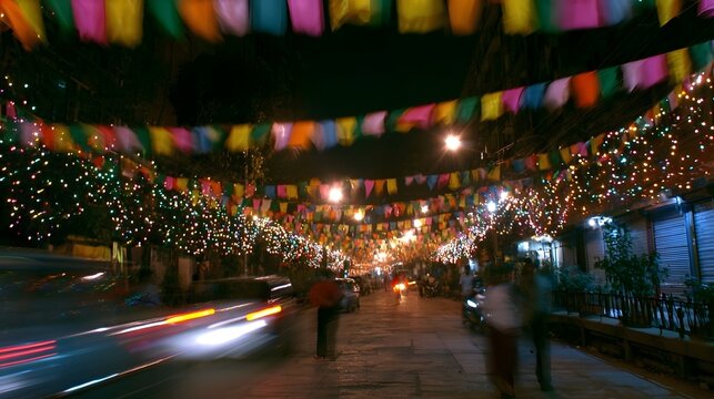 An ex ant street scene is adorned with rhythmic banners and twinkling lights creating a vibrant festive atmosphere at night