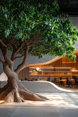 Fototapeta premium A warm and cozy room with a large tree standing in the center, surrounded by comfortable furniture vertical frame