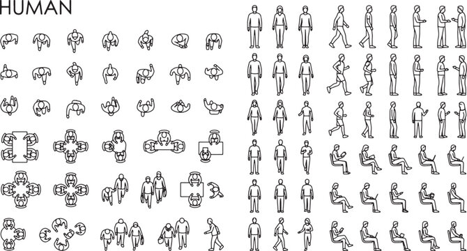 Set of human silhouettes in top and side view for architectural plans and interior design projects vector