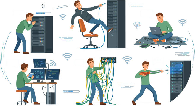 Funny IT Support Specialist and Network Engineer Vector Character Set Dealing with Server Room Maintenance, Cable Mess, and Database Hardware Problems