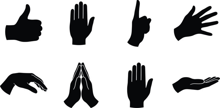 Human hand gestures silhouette vector set featuring thumbs up praying hands pointing finger and open palm
