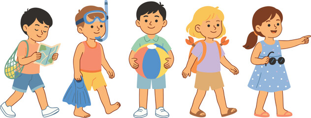 Happy Children Going to Beach Vector Character Set with Summer Vacation Elements for Holiday, Tourism, School Break, and Education Designs © Abul