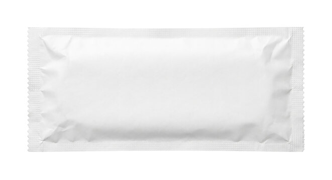 Blank white foil sachet packaging mockup on transparent background