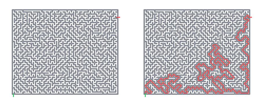 Rectangular maze for adults, medium difficulty printable logic game, find the way from start to exit, black and white, activity worksheet page with solution