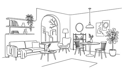 Obraz premium Modern interior outline illustration minimalist room vector art