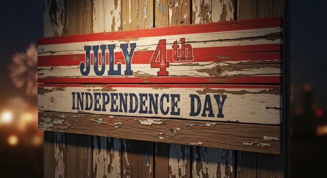 Vintage wooden sign celebrating july 4th independence day with fireworks

